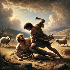 8. Kainas kalbėjo su savo broliu Abeliu. Kai jie buvo lauke, Kainas užpuolė savo brolį Abelį ir jį nužudė.