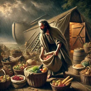 21. Taip pat pasiimk visų rūšių maisto, kuriuo maitiniesi, ir laikyk jį pas save kaip maistą sau ir jiems“.