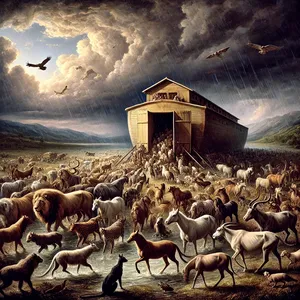 14. kartu su jais visi žvėrys pagal savo rūšį, visi gyvuliai pagal savo rūšį, visi ropliai, kurie šliaužioja ant žemės, pagal savo rūšį ir visi paukščiai pagal savo rūšį, visi sparnuotieji.