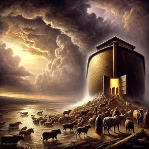 16. Atėjo patinai ir patelės iš visų kūrinių, kaip Dievas buvo įsakęs Nojui, ir Viešpats uždarė juos viduje.