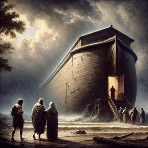 7. Nojus įėjo į laivą su savo sūnumis, žmona ir savo sūnų žmonomis, kad išvengtų tvano vandenų.