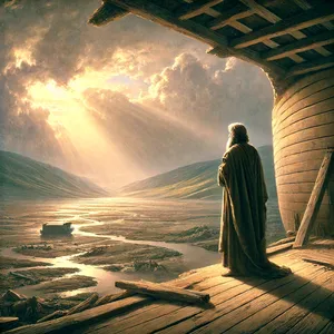 13. Šešis šimtus pirmieji metai, pirmąjį pirmo mėnesio dieną, vandenys išdžiūvo nuo žemės. Nojus nuėmė laivo dangtį ir pamatė, kad žemė buvo sausa.