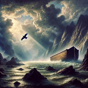 7. ir išleido varną. Jis skraidė pirmyn ir atgal, kol išdžiūvo vandenys nuo žemės.