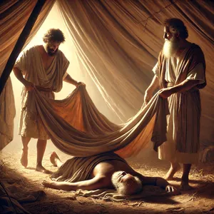 23. Tada Šemas ir Jafetas paėmė drabužį, uždėjo jį ant savo pečių ir eidami atbulomis pridengė savo tėvo nuogumą. Jų veidai buvo atgręžti, kad jie nematytų savo tėvo nuogumo.